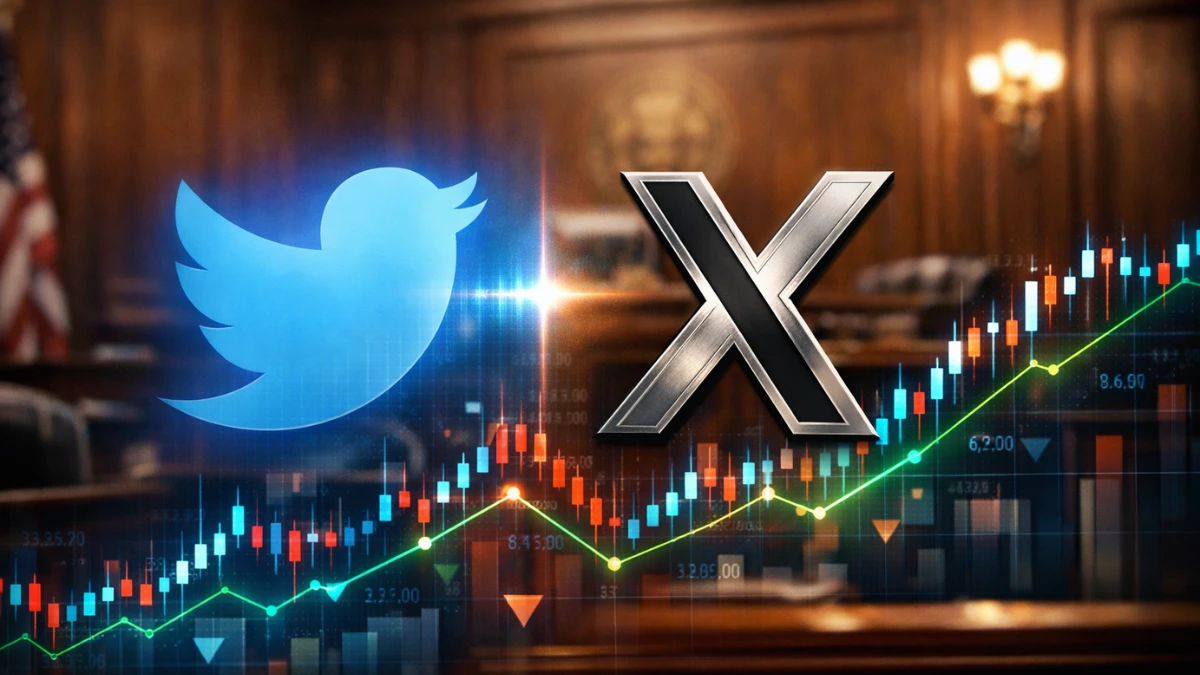 Digital stock market graphs and social media icons overlaid on a blurred, dramatic courtroom background.