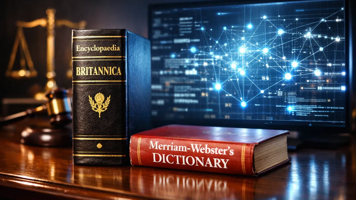 A leather-bound encyclopedia and dictionary resting on a wooden desk in front of a glowing digital screen displaying AI data networks, representing the legal clash between traditional publishers and artificial intelligence.