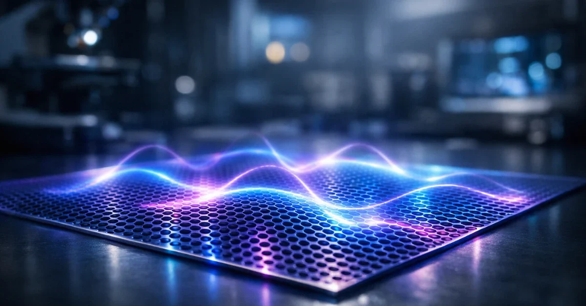 A glowing, high-tech thin magnetic film with a hexagonal pattern emitting blue and purple energy waves in a dark modern laboratory setting.