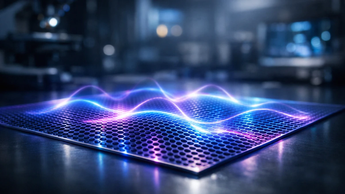 A glowing, high-tech thin magnetic film with a hexagonal pattern emitting blue and purple energy waves in a dark modern laboratory setting.