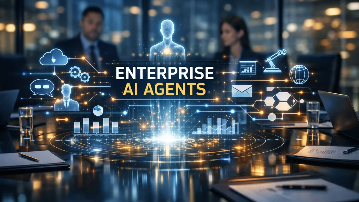 A modern corporate boardroom featuring a glowing holographic interface representing enterprise AI agents managing data and workflows.