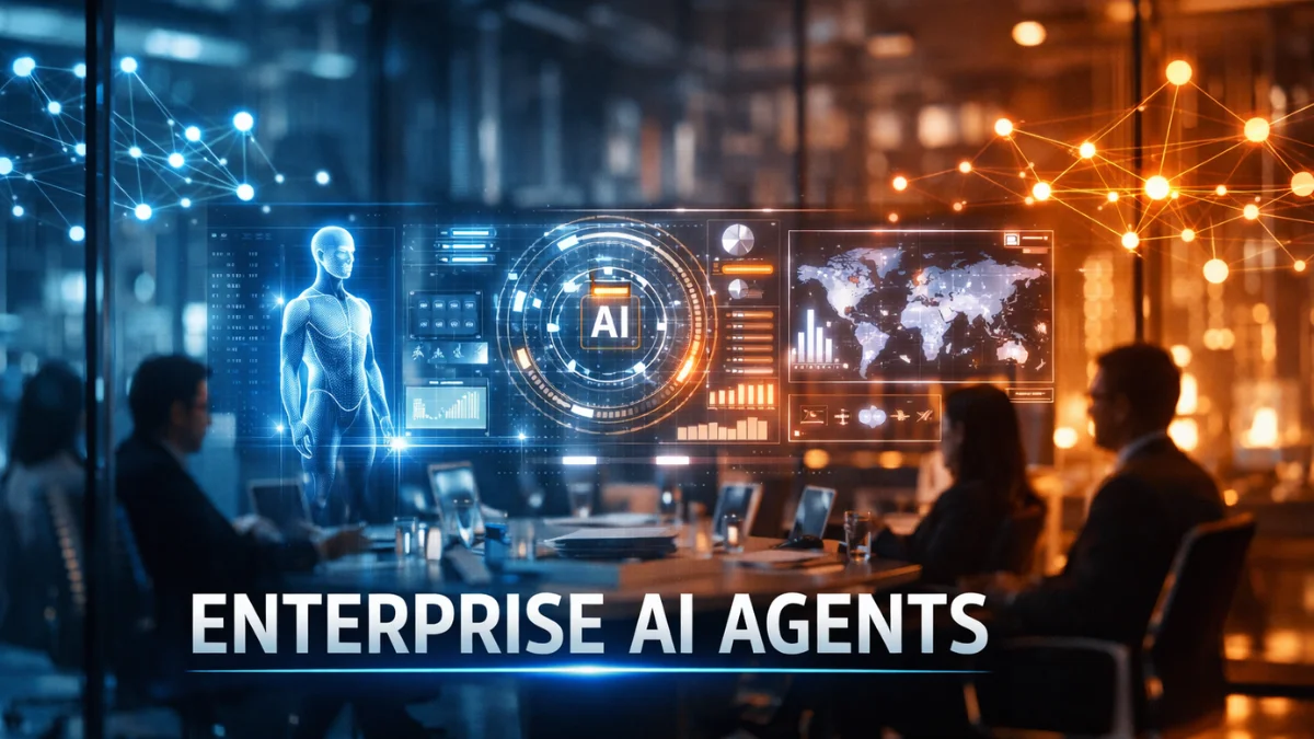 A futuristic modern office with glowing digital nodes and holographic data dashboards representing enterprise AI technology.