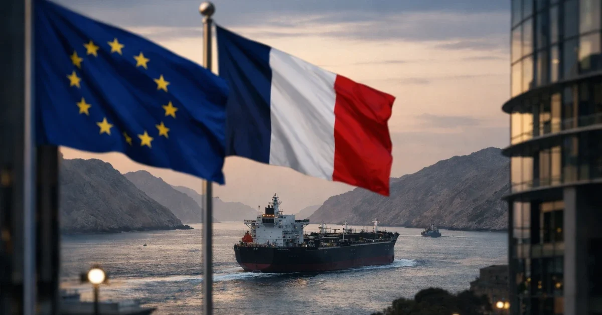 EU and French flags near government buildings with an oil tanker moving through a narrow shipping lane in a professional news-style header image.
