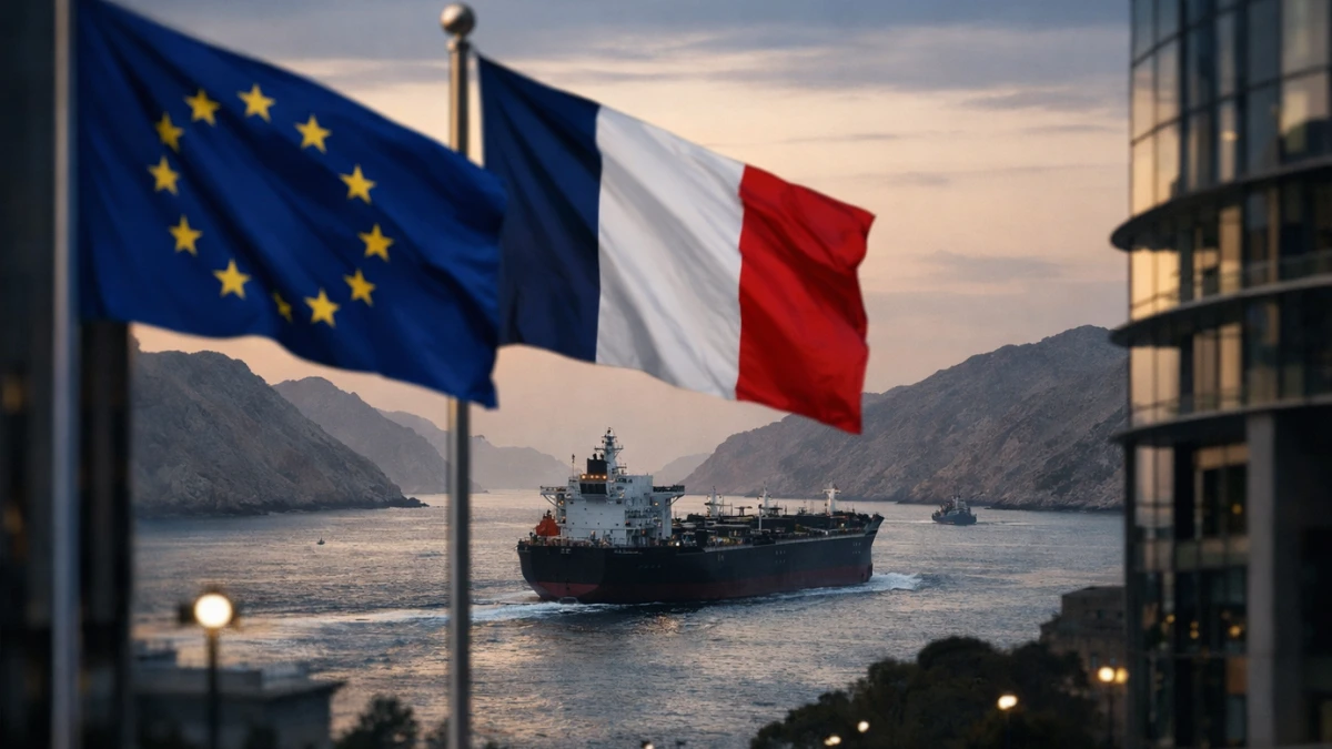 EU and French flags near government buildings with an oil tanker moving through a narrow shipping lane in a professional news-style header image.