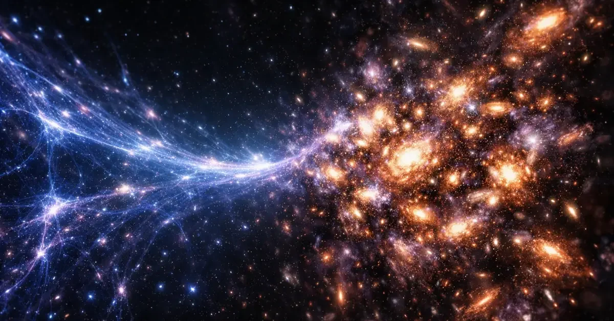 A glowing cosmic web of galaxies in deep space, with one side expanding outward and the other side densely clustering together to represent the changing forces of dark energy.