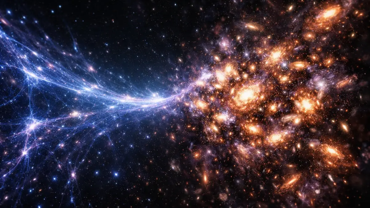 A glowing cosmic web of galaxies in deep space, with one side expanding outward and the other side densely clustering together to represent the changing forces of dark energy.