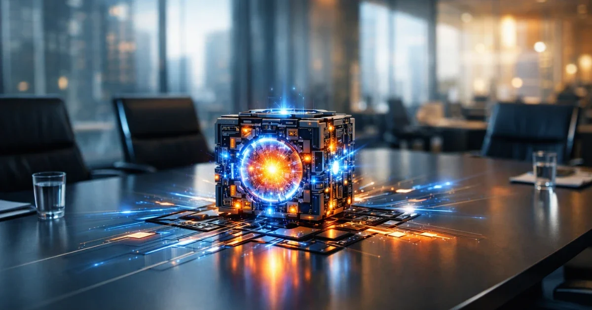 A futuristic AI core integrated into a modern corporate boardroom table, symbolizing execution-driven AI transforming enterprise workflows.