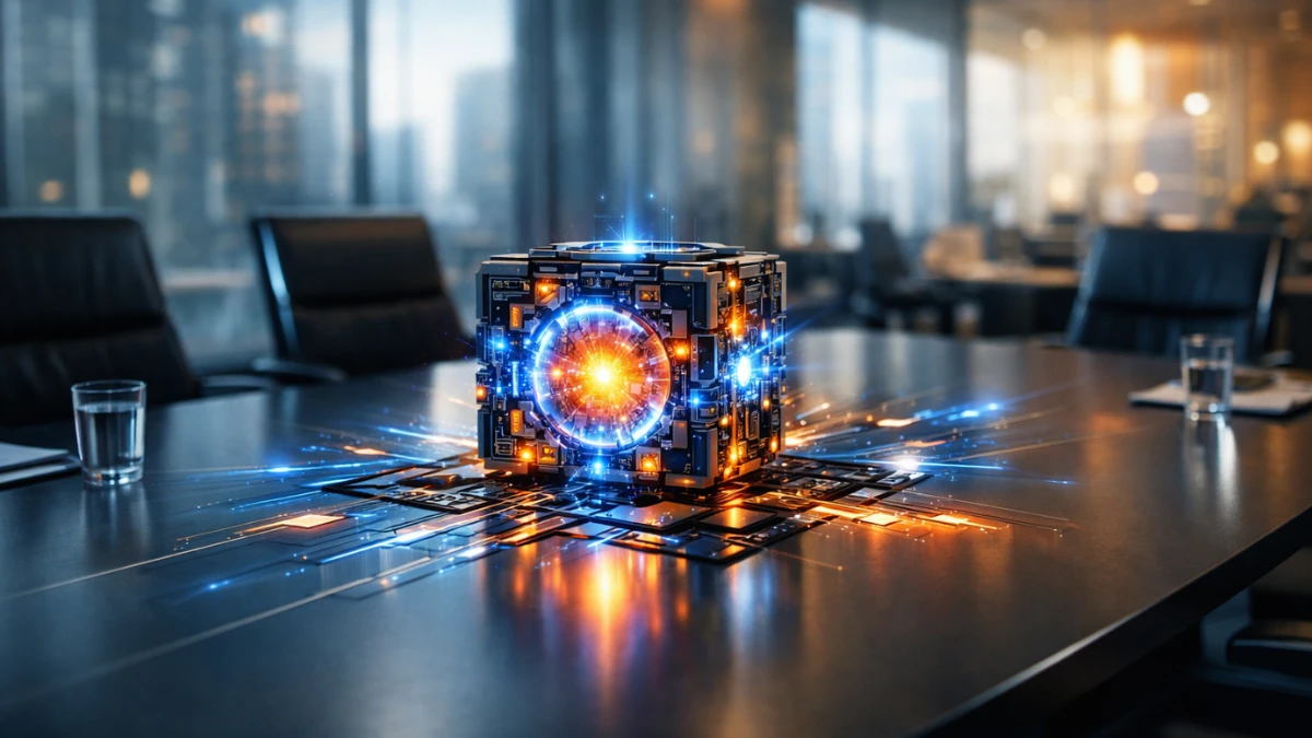 A futuristic AI core integrated into a modern corporate boardroom table, symbolizing execution-driven AI transforming enterprise workflows.