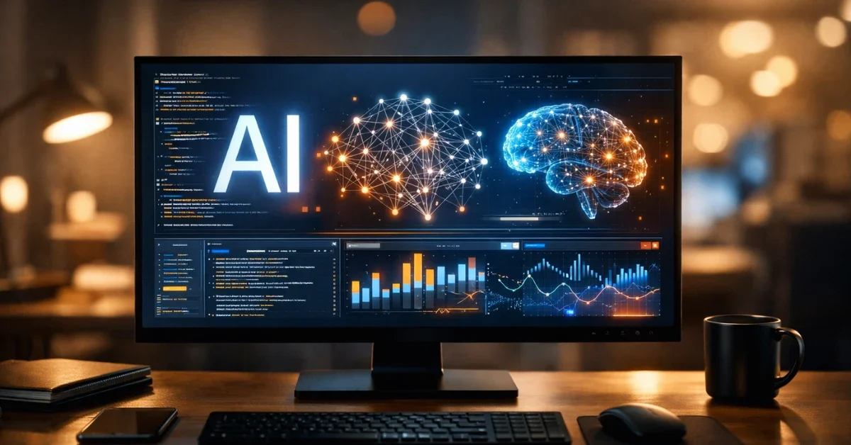 A glowing computer monitor displaying artificial intelligence code and data visualizations in a modern, dimly lit tech workspace.