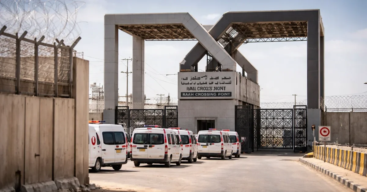 A heavily fortified concrete border wall topped with barbed wire at the Rafah crossing, with a line of white ambulances waiting on the Egyptian side.