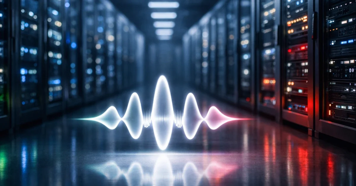 A modern data center with glowing server racks, representing Apple's reported plan to host Gemini-powered Siri on Google cloud infrastructure.
