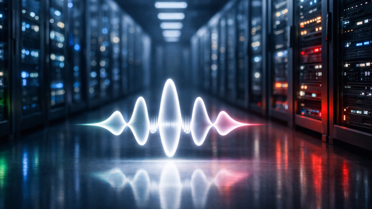 A modern data center with glowing server racks, representing Apple's reported plan to host Gemini-powered Siri on Google cloud infrastructure.