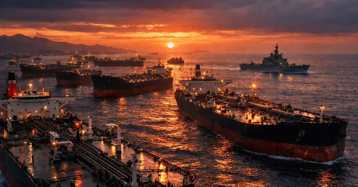 A large number of oil tankers remain stationary in the ocean waters during dusk, guarded by a naval ship in the distance.