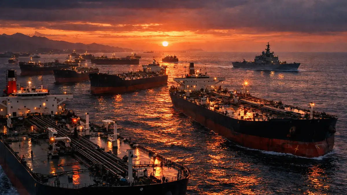 A large number of oil tankers remain stationary in the ocean waters during dusk, guarded by a naval ship in the distance.