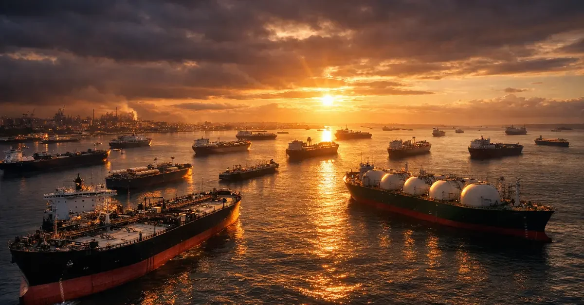 Multiple large oil and LNG tanker ships stranded at sea during a glowing sunset.