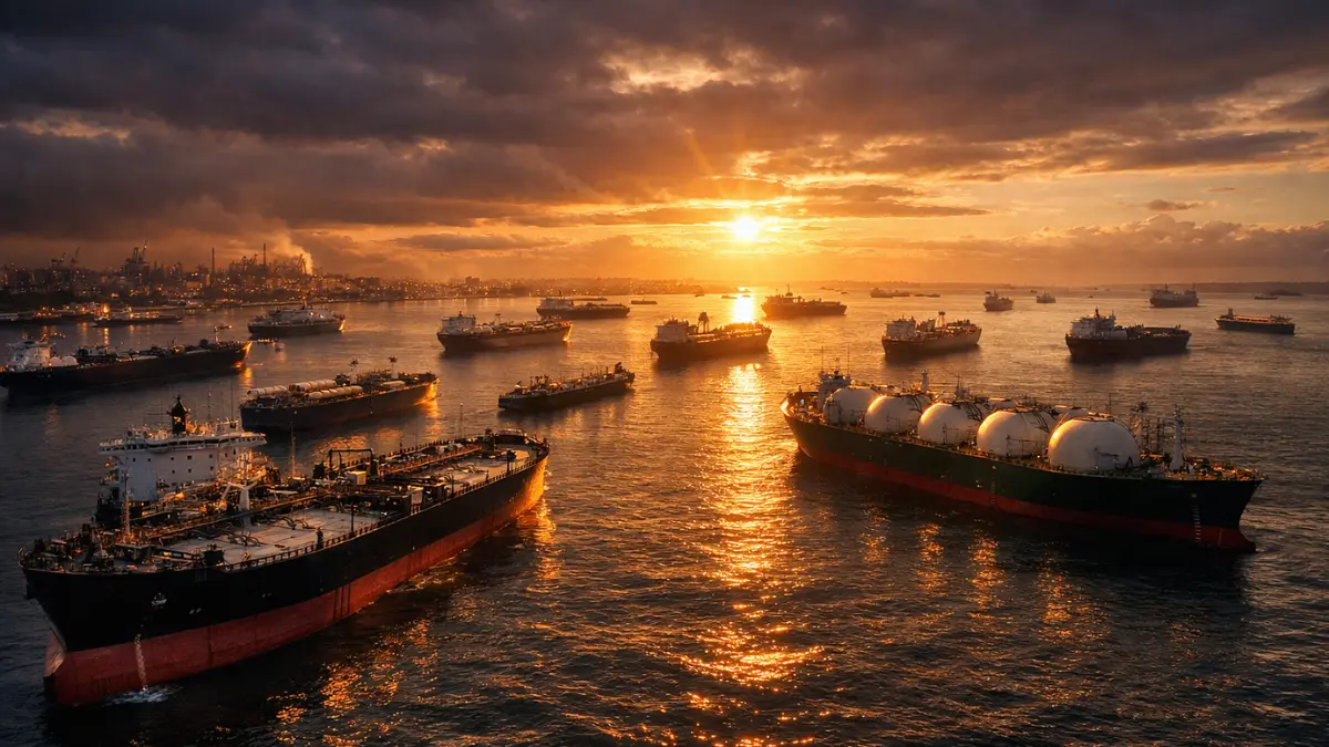 Multiple large oil and LNG tanker ships stranded at sea during a glowing sunset.