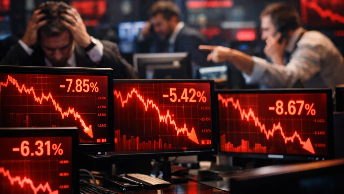 Glowing red financial stock charts plunging downward on digital screens across a busy Wall Street trading floor.