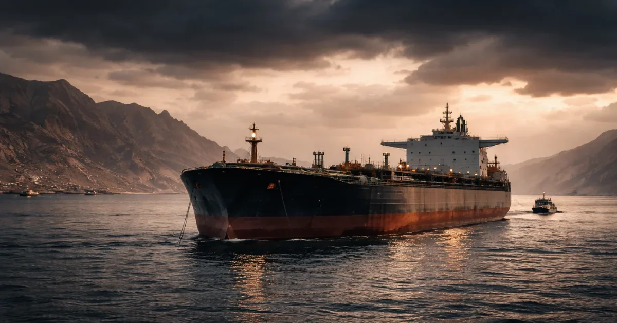 A large commercial oil tanker sits idle in the Strait of Hormuz at dusk, surrounded by rugged mountains and a moody, overcast sky.