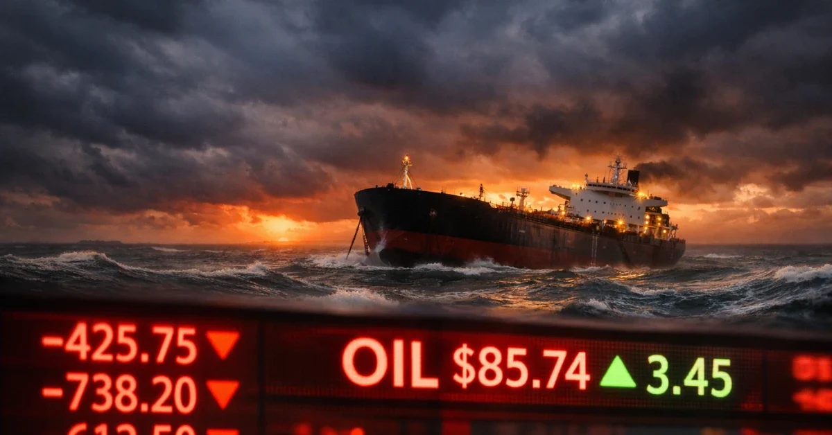 A large oil tanker stranded at sea under stormy skies with a red digital stock market ticker showing falling stocks and rising oil prices in the foreground.