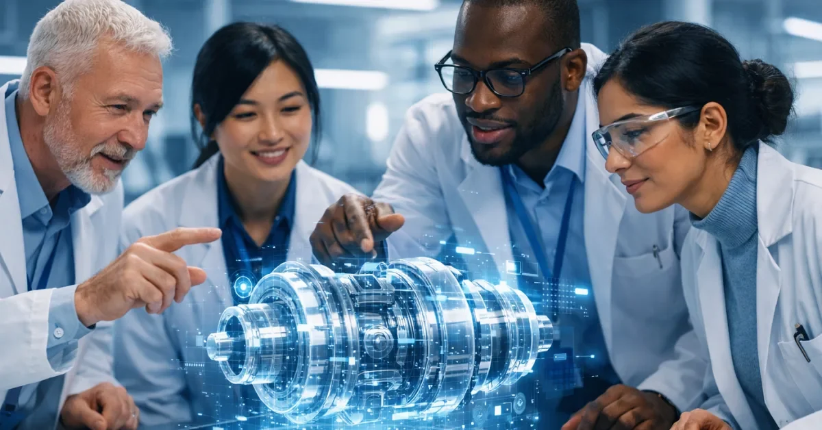 Diverse international scientists collaborating around a glowing digital hologram of an industrial component in a modern high-tech laboratory.