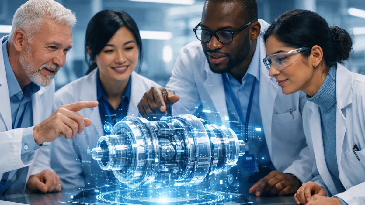 Diverse international scientists collaborating around a glowing digital hologram of an industrial component in a modern high-tech laboratory.