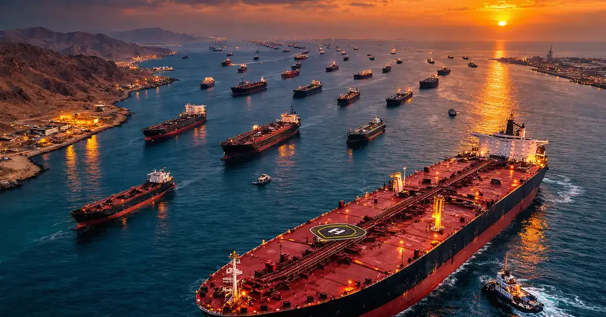 An aerial view of numerous commercial oil tankers and cargo ships sitting idle in the Strait of Hormuz at dusk, illustrating the severe maritime shipping blockade.