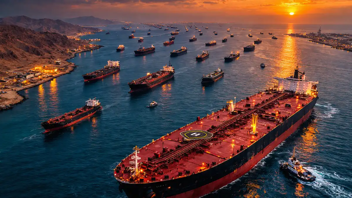 An aerial view of numerous commercial oil tankers and cargo ships sitting idle in the Strait of Hormuz at dusk, illustrating the severe maritime shipping blockade.