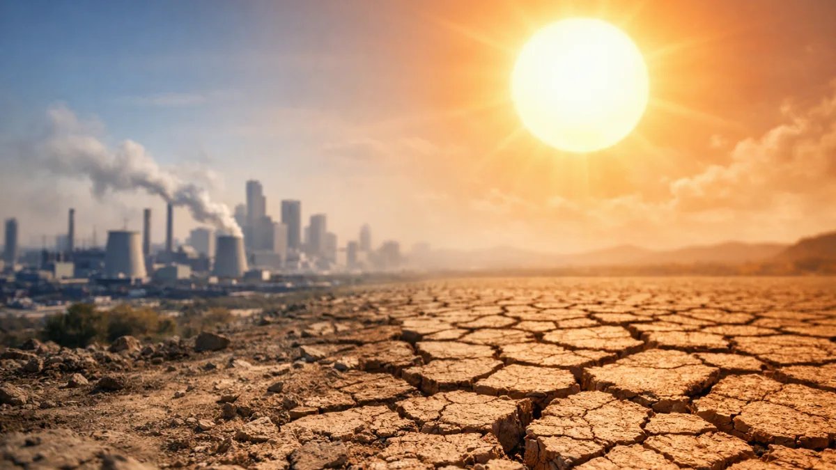 A split landscape showing industrial emissions next to dry, cracked earth under an intense, blazing sun.