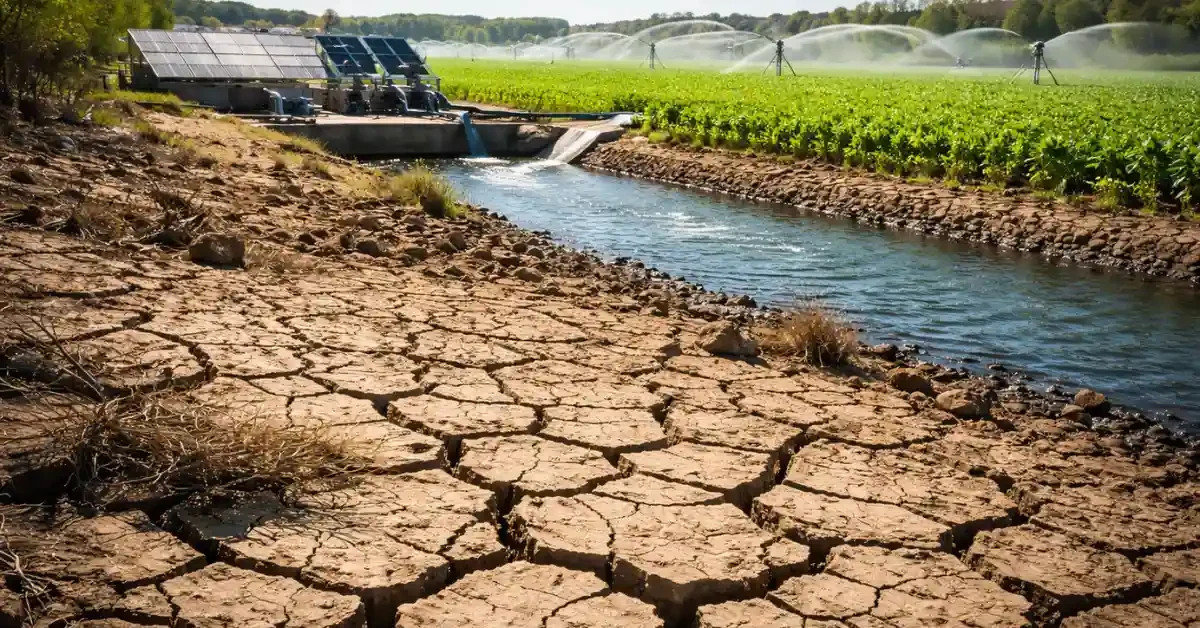 A split landscape showing a cracked, dry earth foreground transitioning into a thriving, irrigated green field under bright sunlight.
