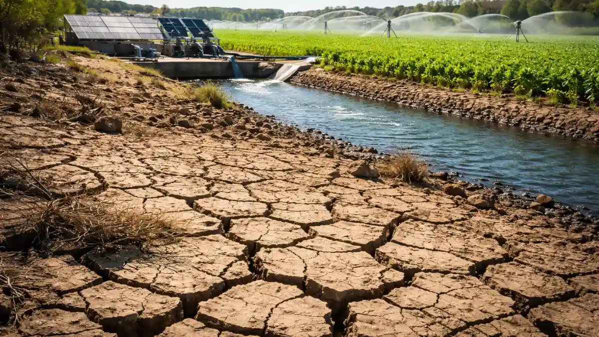 A split landscape showing a cracked, dry earth foreground transitioning into a thriving, irrigated green field under bright sunlight.