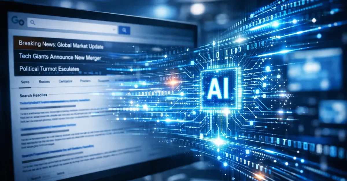 A computer monitor displaying search engine results with glowing digital code overlapping the news headlines, representing AI technology.