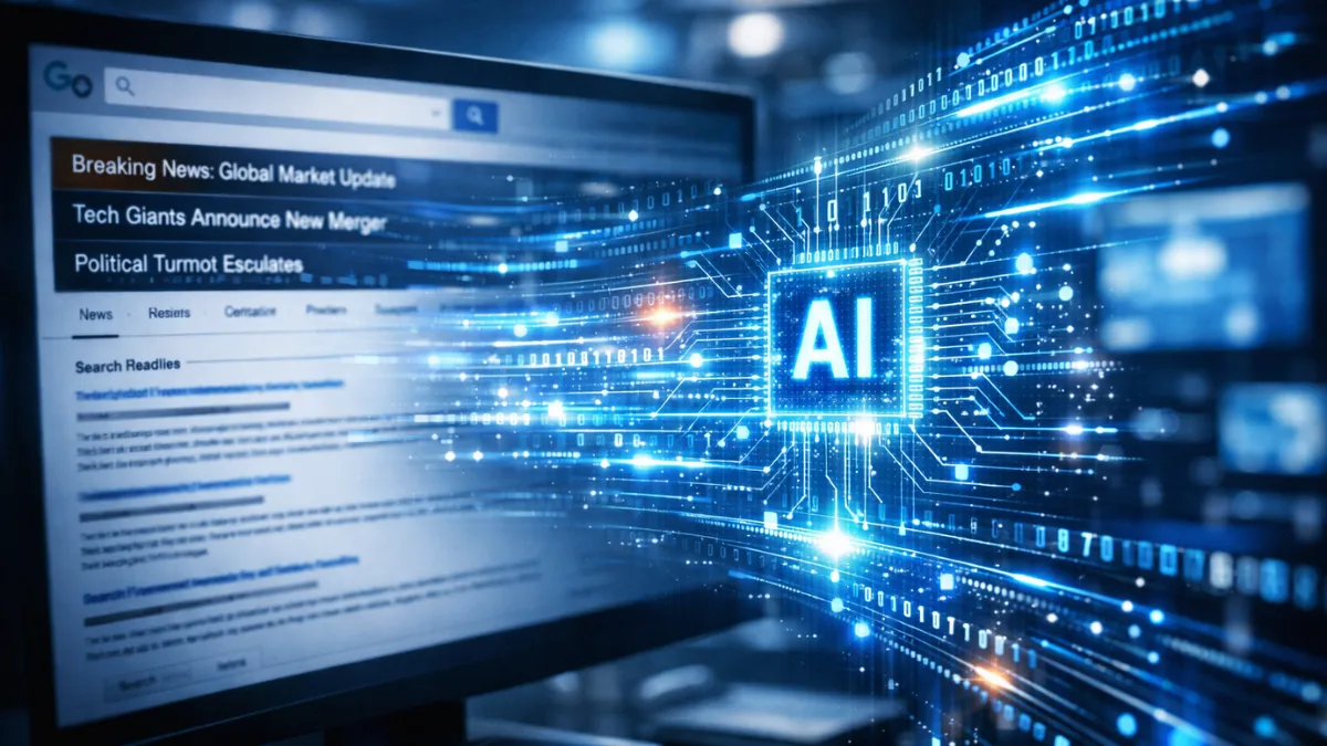 A computer monitor displaying search engine results with glowing digital code overlapping the news headlines, representing AI technology.