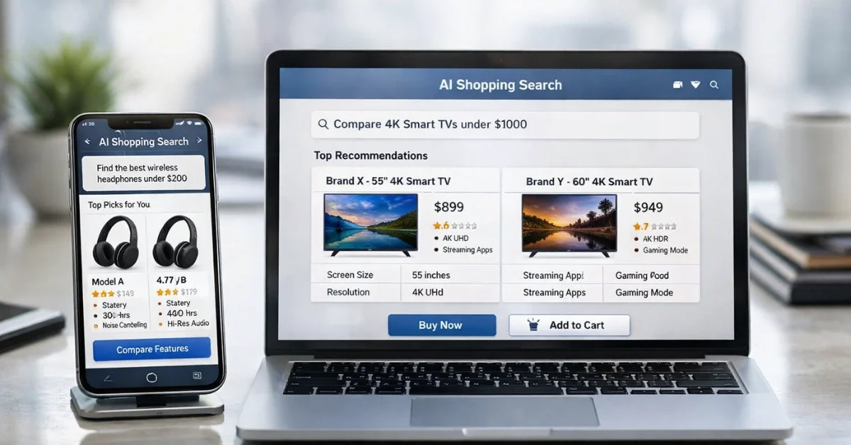 A smartphone and laptop display an AI-driven shopping interface with product comparisons and checkout options in a modern workspace.