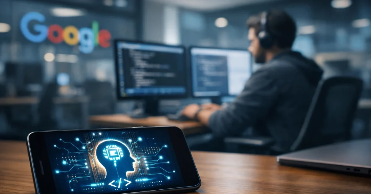 A sleek smartphone displaying an artificial intelligence interface rests on a desk in a modern corporate office, with a software engineer working in the blurred background.