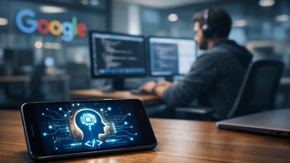A sleek smartphone displaying an artificial intelligence interface rests on a desk in a modern corporate office, with a software engineer working in the blurred background.