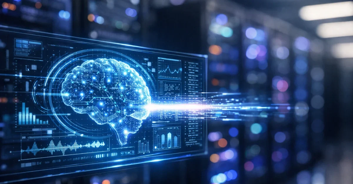 A glowing futuristic holographic data interface in a modern server room representing fast artificial intelligence processing.