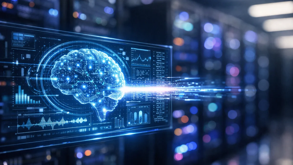 A glowing futuristic holographic data interface in a modern server room representing fast artificial intelligence processing.