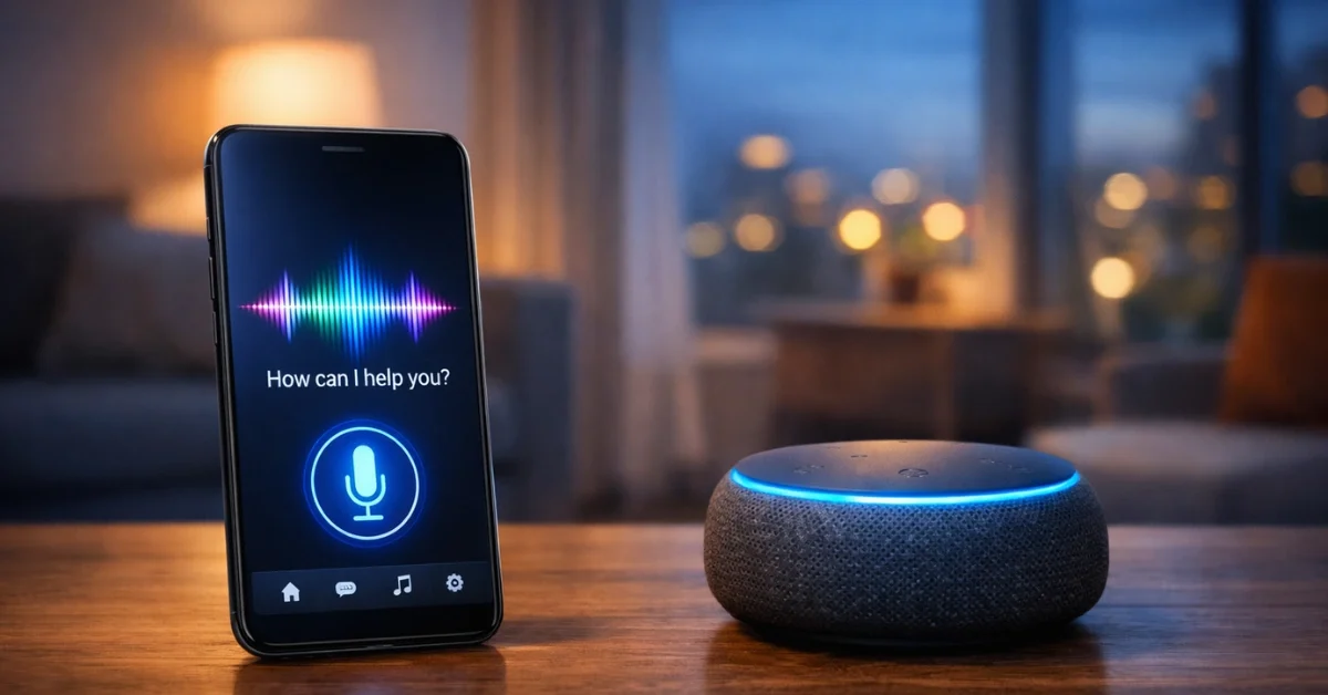 A modern smartphone displaying an AI interface next to a smart home speaker on a wooden desk.