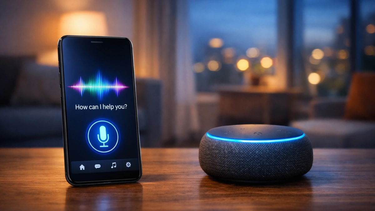 A modern smartphone displaying an AI interface next to a smart home speaker on a wooden desk.