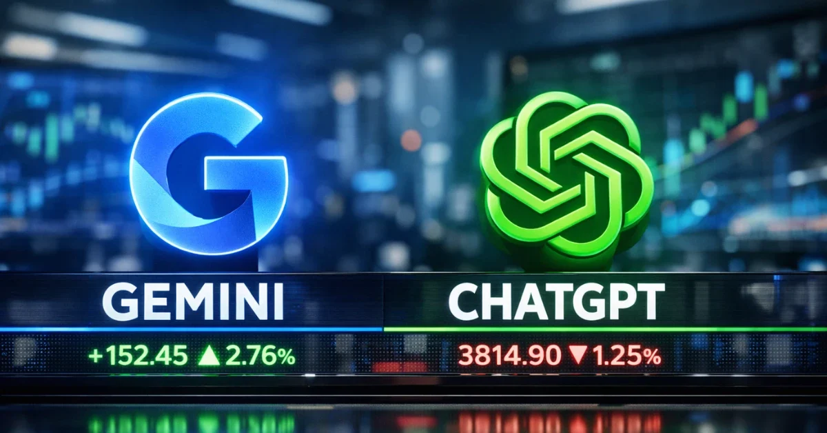 A high-tech digital display showing the Google Gemini and ChatGPT logos alongside rising data charts, representing the competitive AI market landscape.