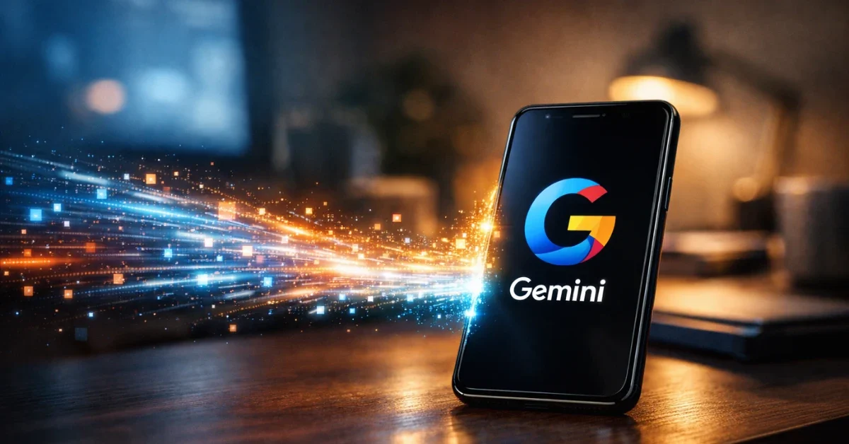 A smartphone displaying the Google Gemini logo on a desk with abstract glowing digital data flowing into the screen, representing memory import.