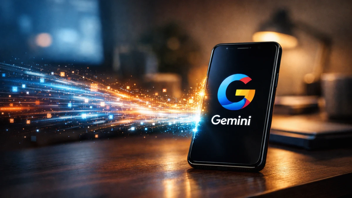 A smartphone displaying the Google Gemini logo on a desk with abstract glowing digital data flowing into the screen, representing memory import.