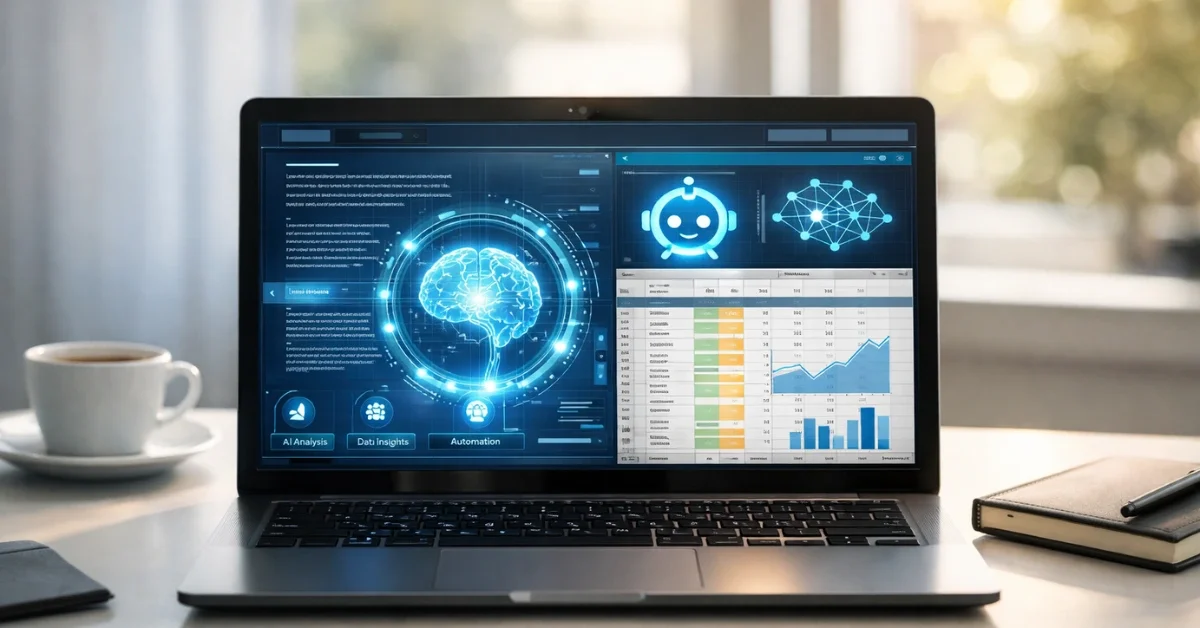 A sleek laptop on a modern office desk displaying an advanced AI interface integrated into a document, representing the new Google Gemini Workspace features.