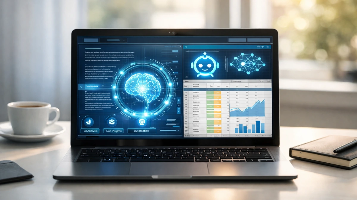 A sleek laptop on a modern office desk displaying an advanced AI interface integrated into a document, representing the new Google Gemini Workspace features.