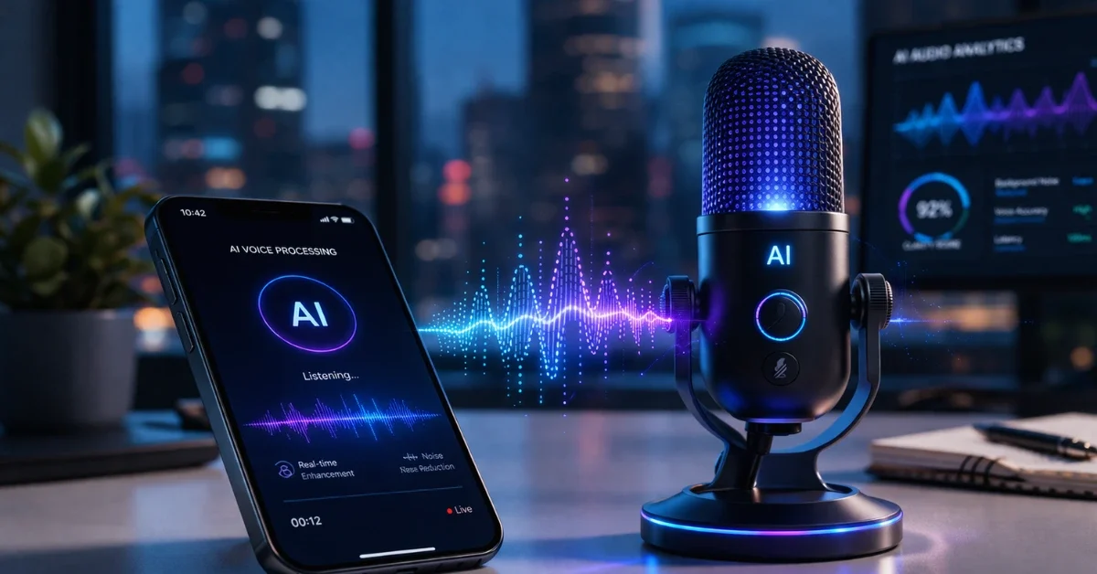 A sleek smartphone and a glowing modern microphone on a desk with digital sound waves floating above, representing advanced AI audio technology and real-time voice processing.