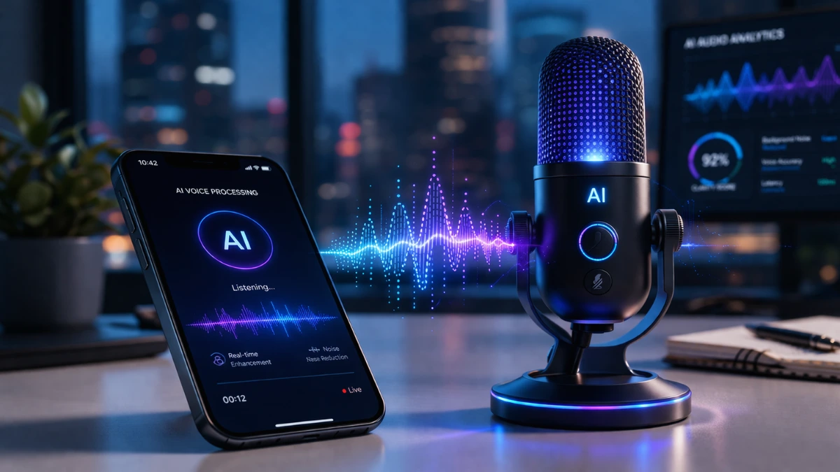 A sleek smartphone and a glowing modern microphone on a desk with digital sound waves floating above, representing advanced AI audio technology and real-time voice processing.