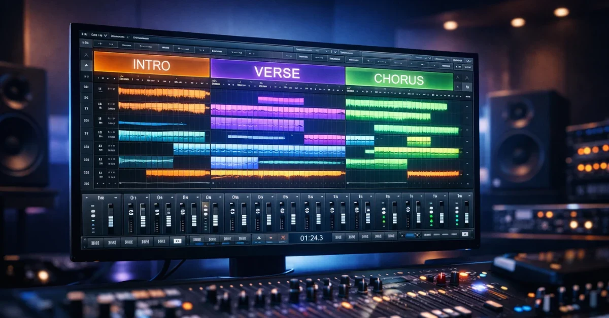 A sleek, futuristic digital audio interface displaying an AI-generated music track with labeled musical sections.