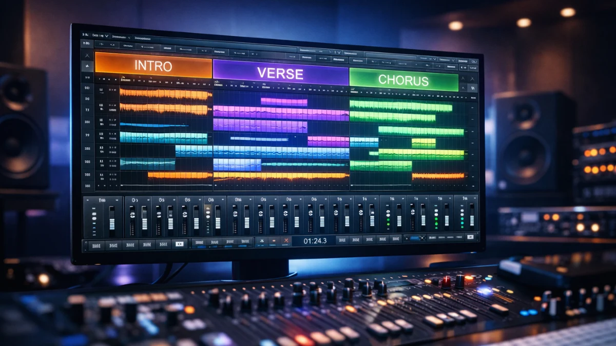 A sleek, futuristic digital audio interface displaying an AI-generated music track with labeled musical sections.