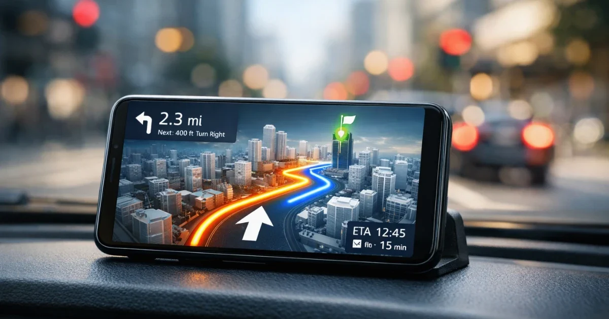 A smartphone on a car dashboard displays a 3D Google Maps navigation interface with modern AI features against a blurred city background.
