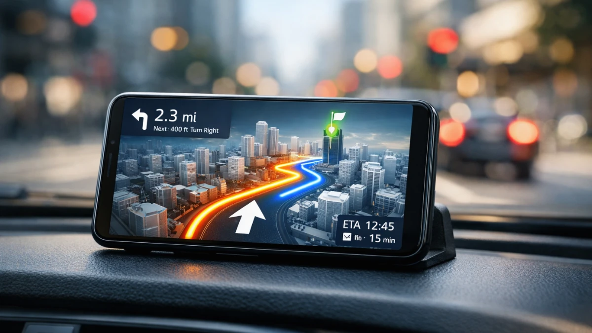 A smartphone on a car dashboard displays a 3D Google Maps navigation interface with modern AI features against a blurred city background.